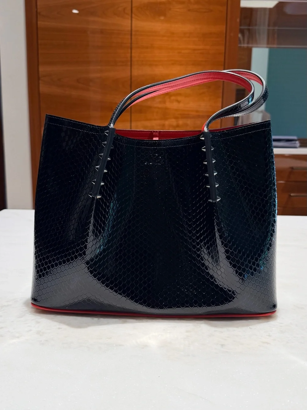 Christian Louboutin Black Embossed Patent Leather Tote Bag Authentic